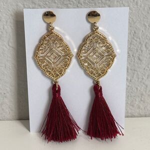 Gold Tone Filagree Burgundy Tassel Earrings